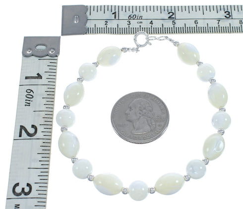 Native American Genuine Sterling Silver Mother of Pearl Bead Bracelet JX123366